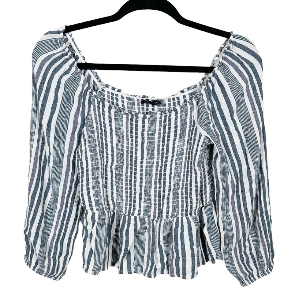 American Eagle Blue Stripe Smocked Off Shoulder Peasant Blouse